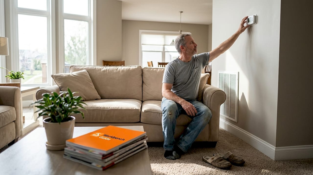 Homeowner adjusting thermostat in cozy living room