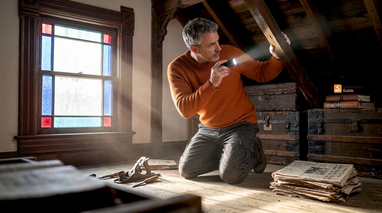 Homeowner inspecting attic with flashlight