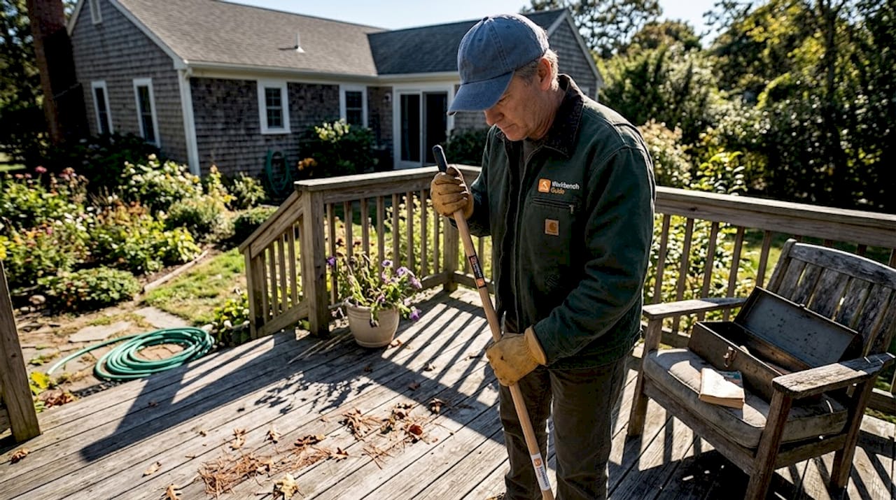 Homeowner sweeping backyard deck for routine care