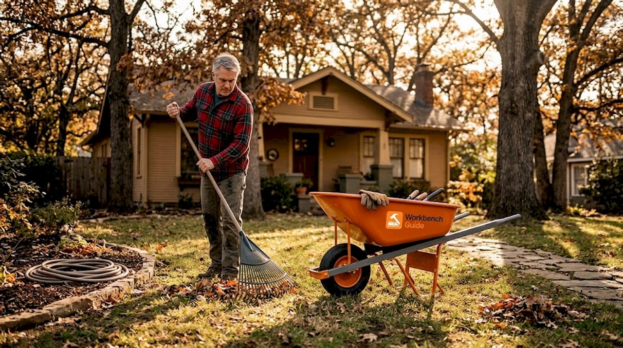 Homeowner raking leaves during autumn yard work