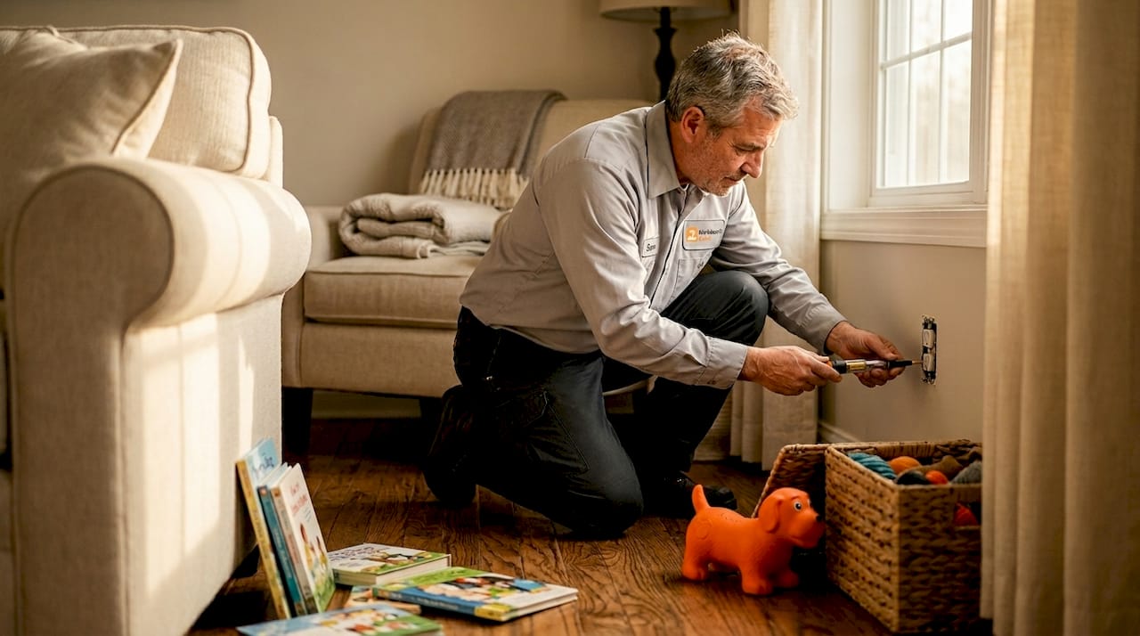 Home inspector checks outlet in lived-in room