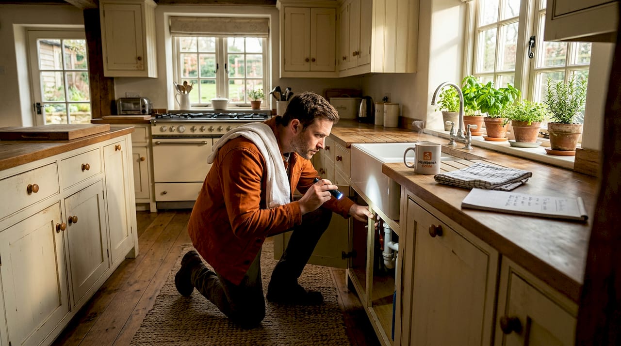 Homeowner inspecting pipes under kitchen sink