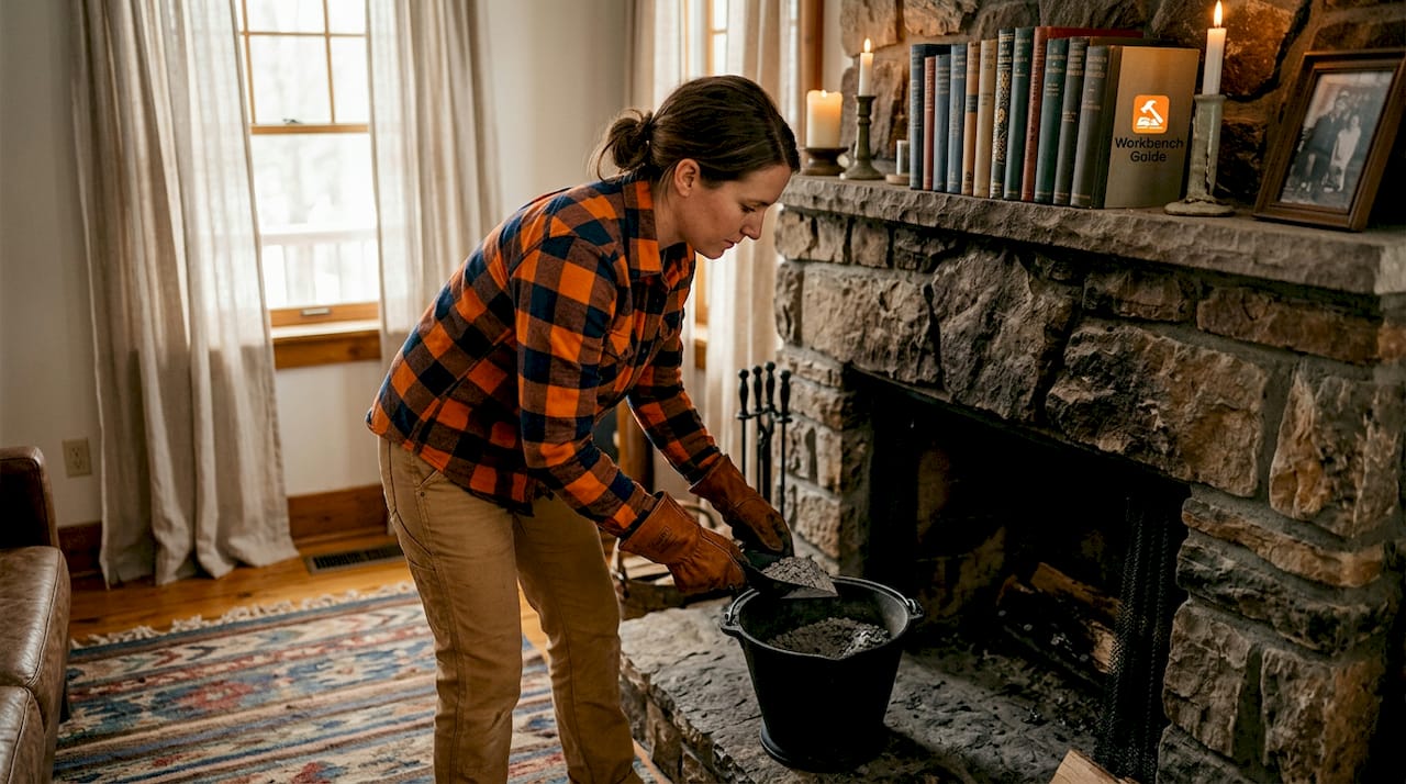 Homeowner clearing ash from chimney in living room