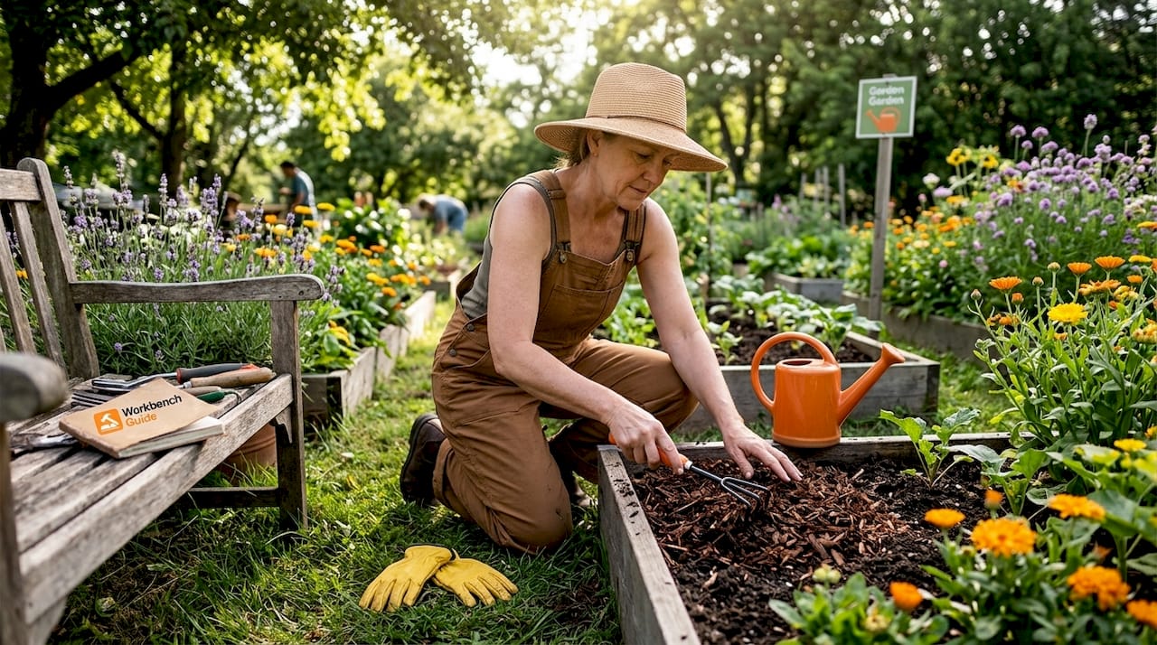 Woman tending spring garden in backyard