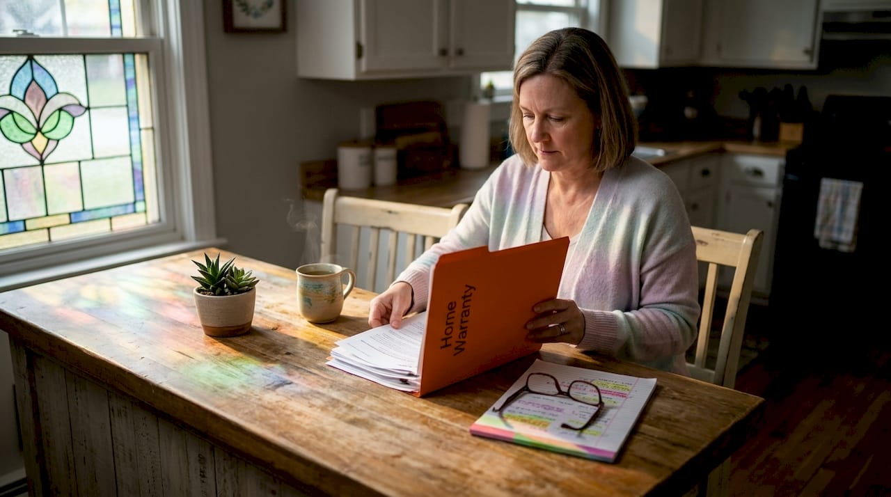 Homeowner reviewing warranty paperwork at kitchen table