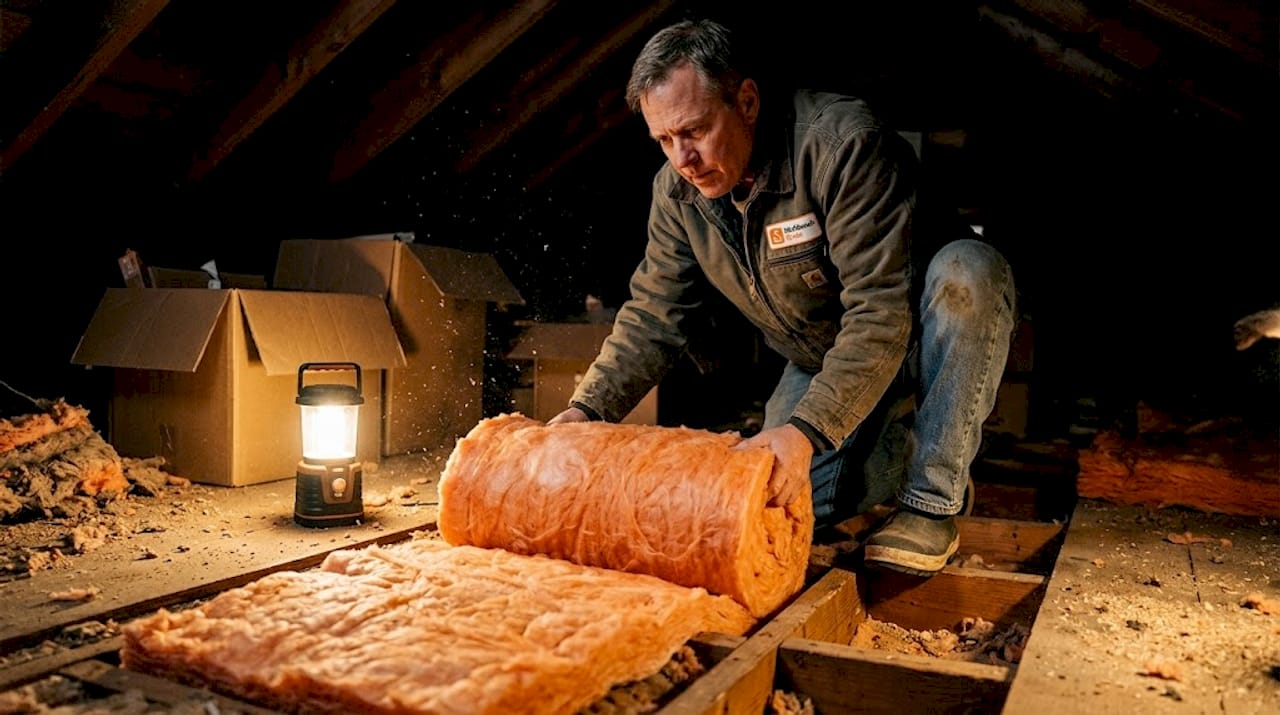 Homeowner installing attic insulation for weatherization