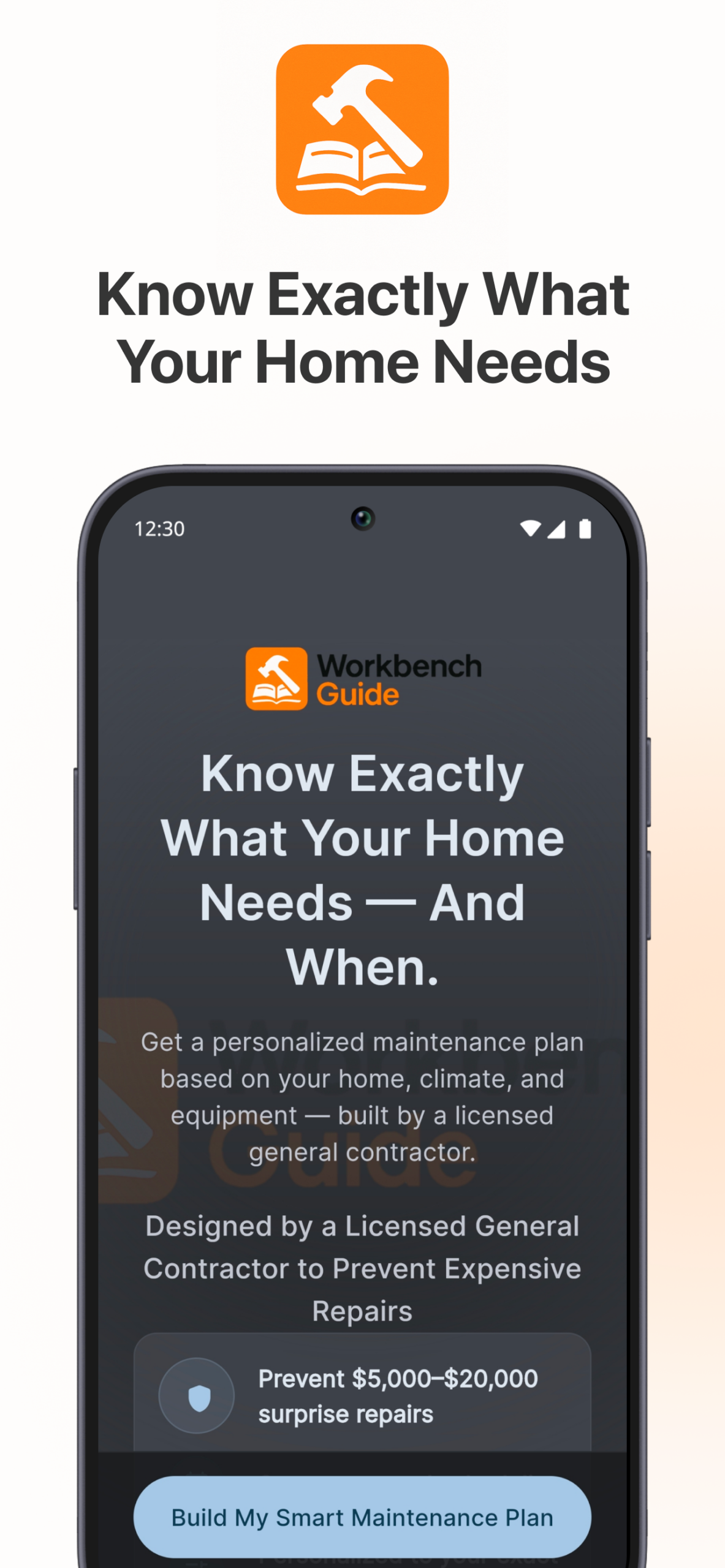 WorkbenchGuide Android app screenshot showing home maintenance dashboard