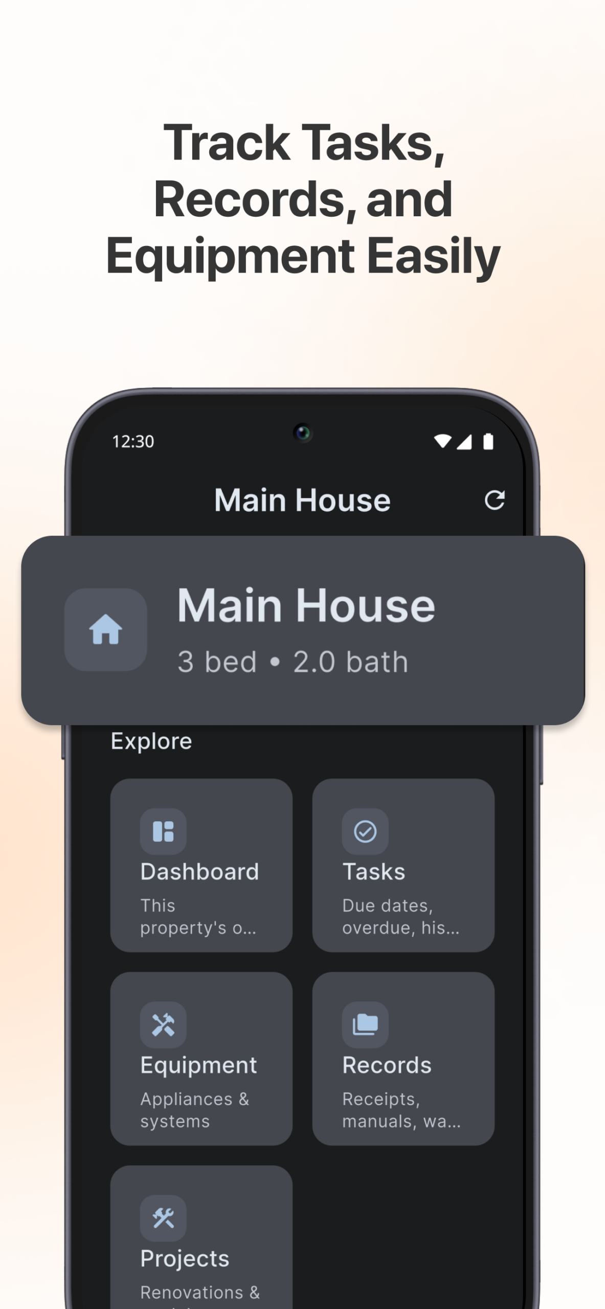 WorkbenchGuide Android app screenshot showing maintenance task organization