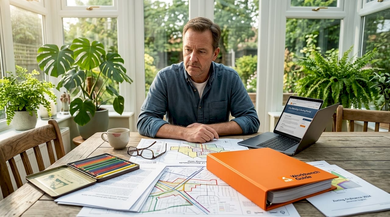 Homeowner reviewing zoning maps at kitchen table