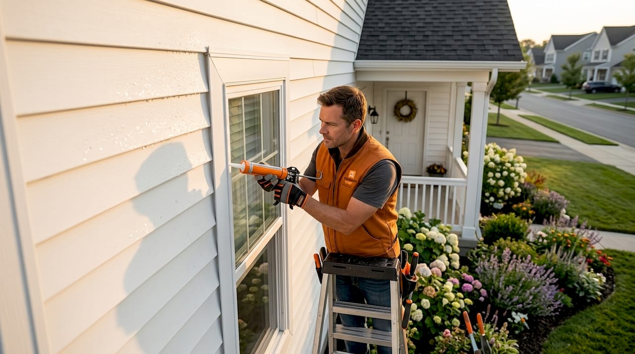 Worker weatherproofing home exterior siding