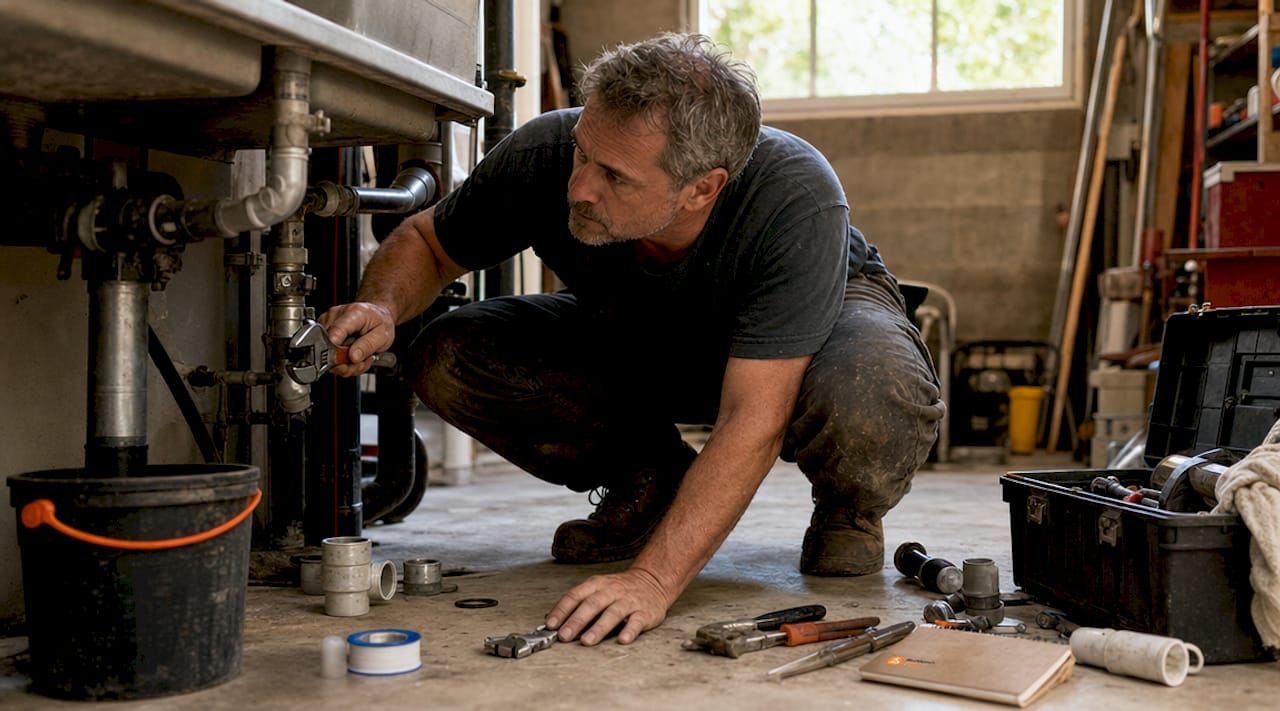 Homeowner inspecting sink plumbing pipes