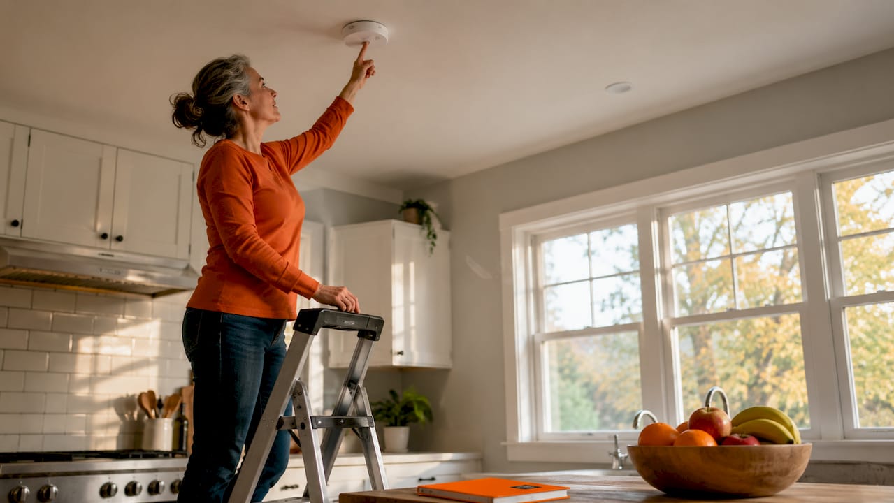 Woman testing ceiling smoke alarm in living room