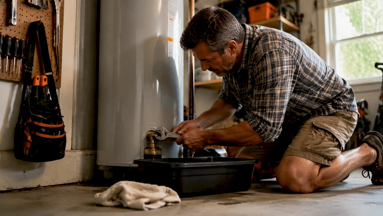 Homeowner servicing water heater