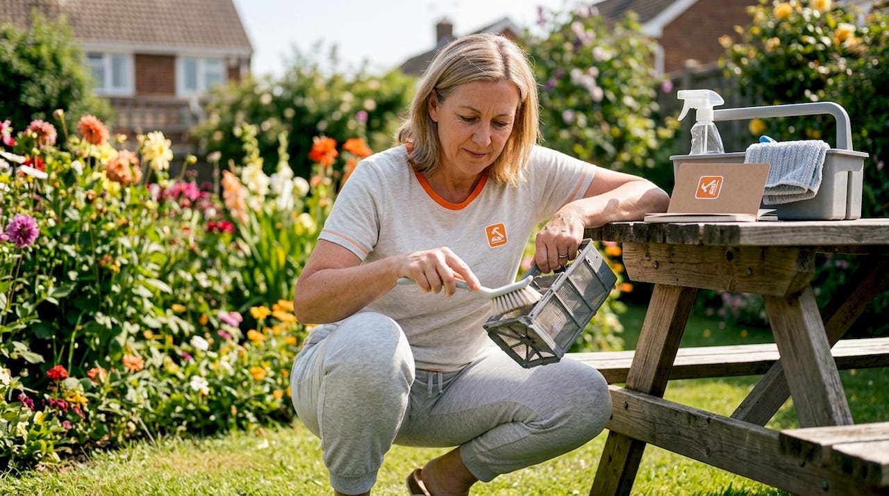 Woman cleaning dishwasher filter in kitchen