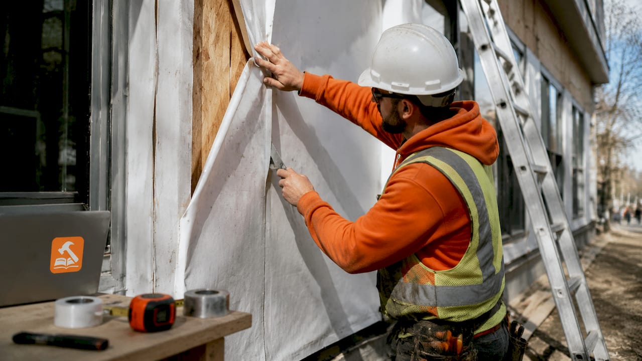 Worker installing house wrap on home exterior wall