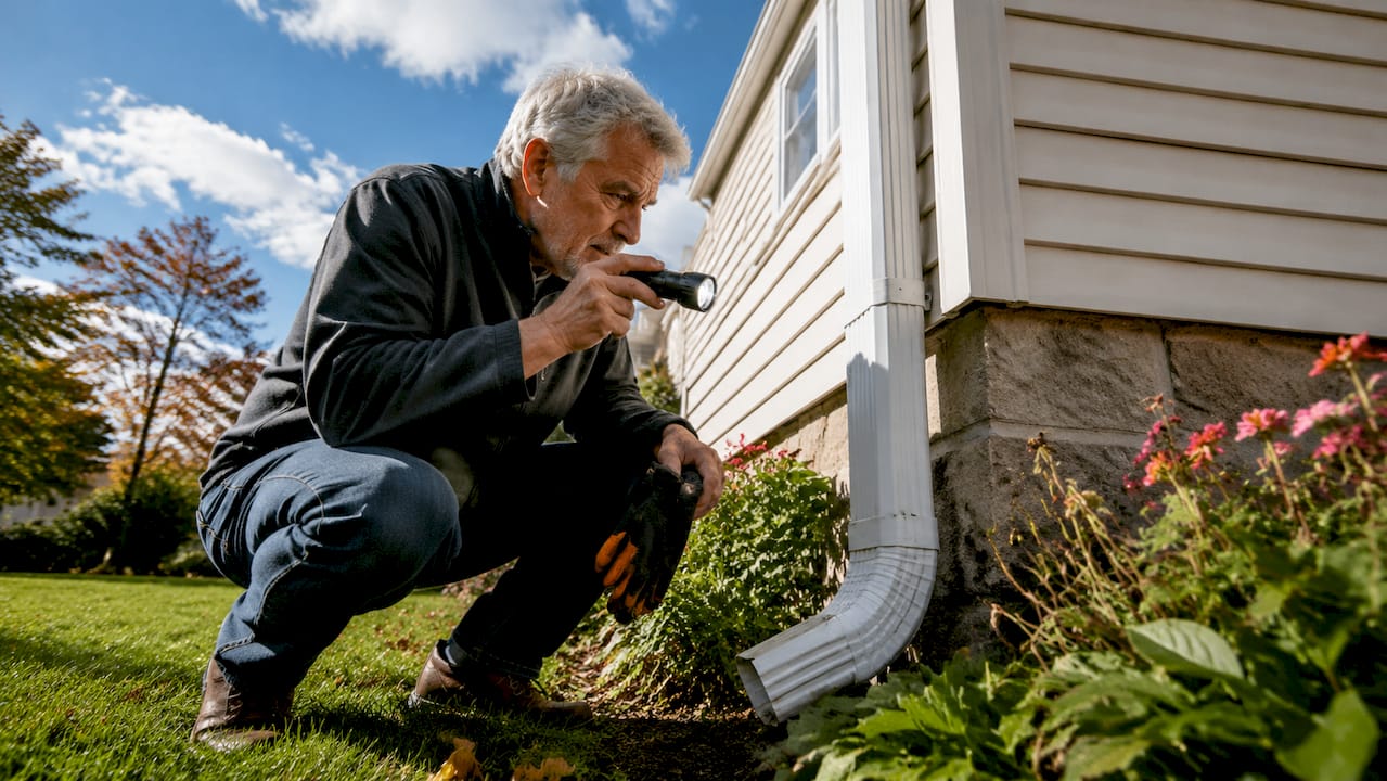 Man inspecting home downspout outdoors