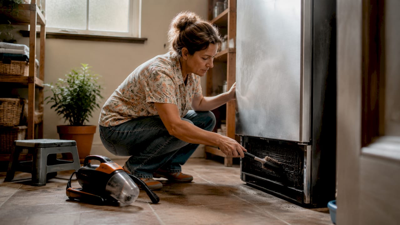 Woman cleaning refrigerator coils in home kitchen
