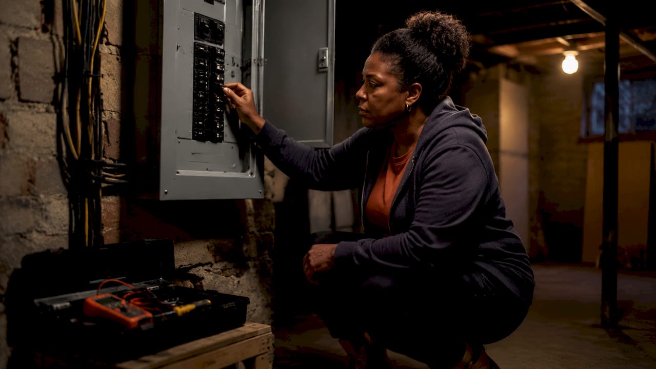 Homeowner inspecting home circuit breaker panel