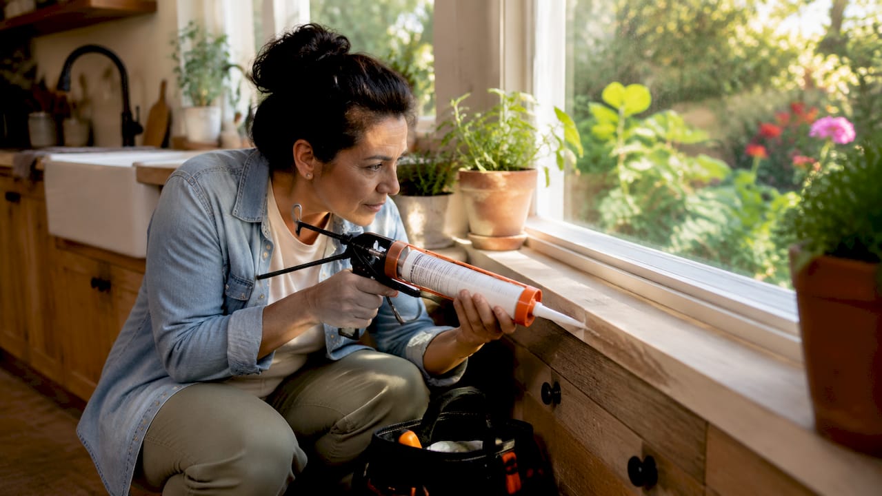 Woman sealing window gaps at home