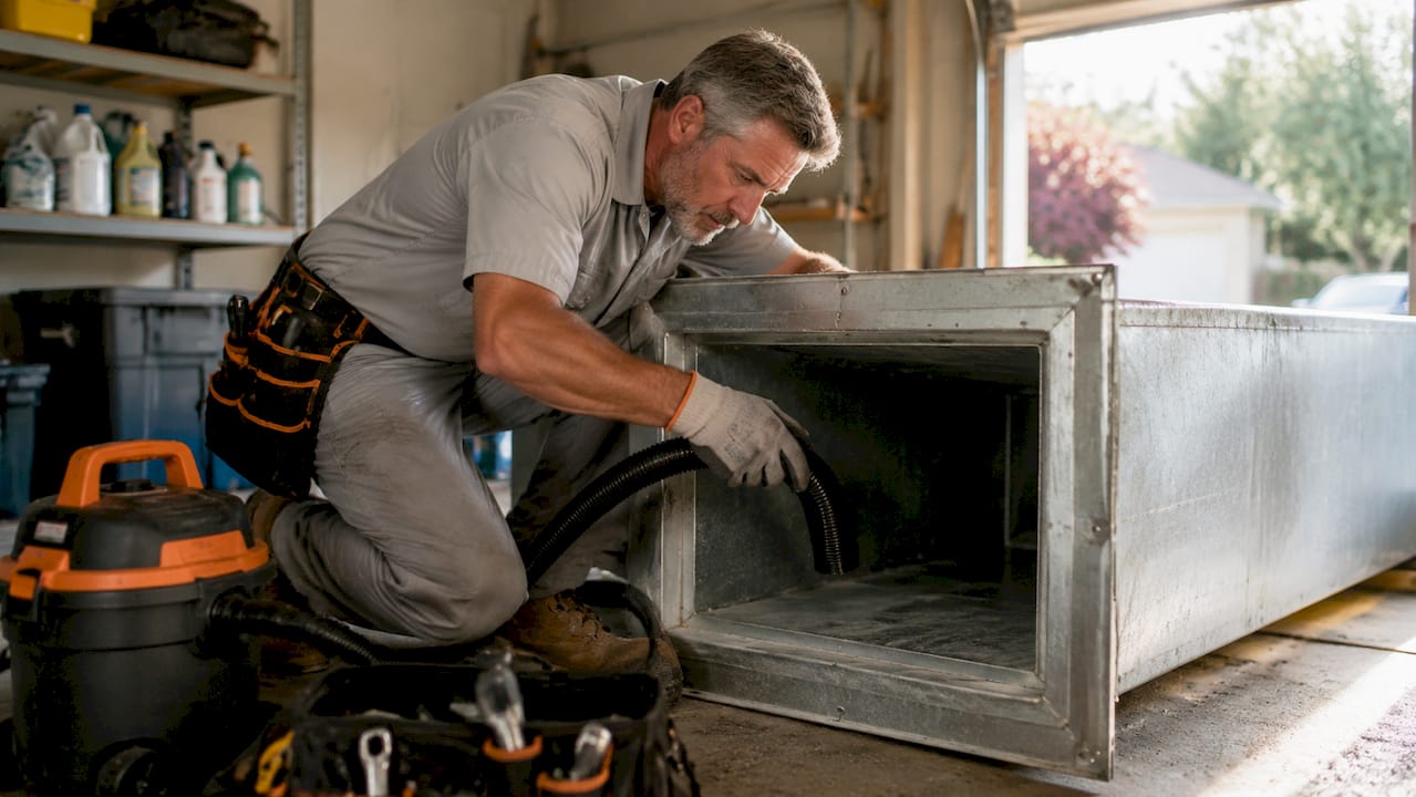 Technician vacuuming residential air duct in basement