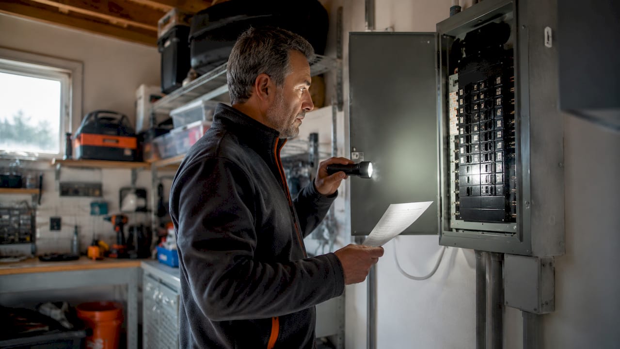 Homeowner inspecting electrical panel with checklist