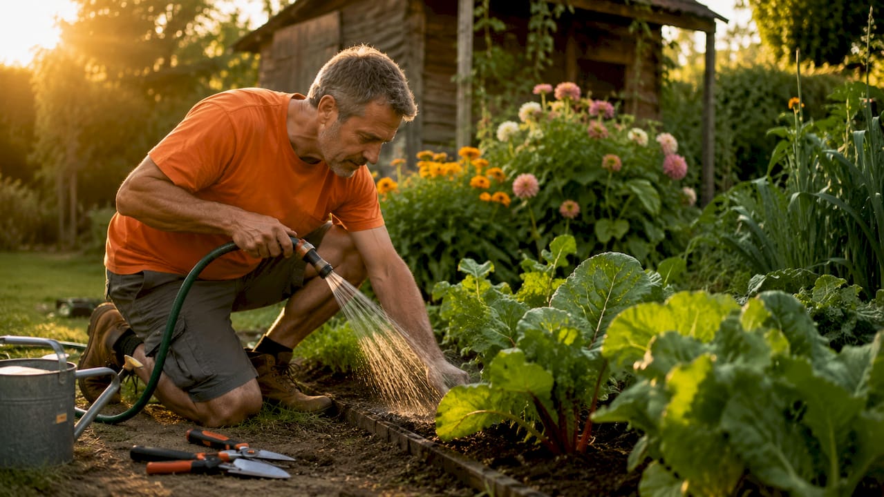 Man inspecting lawn sprinkler system outdoors
