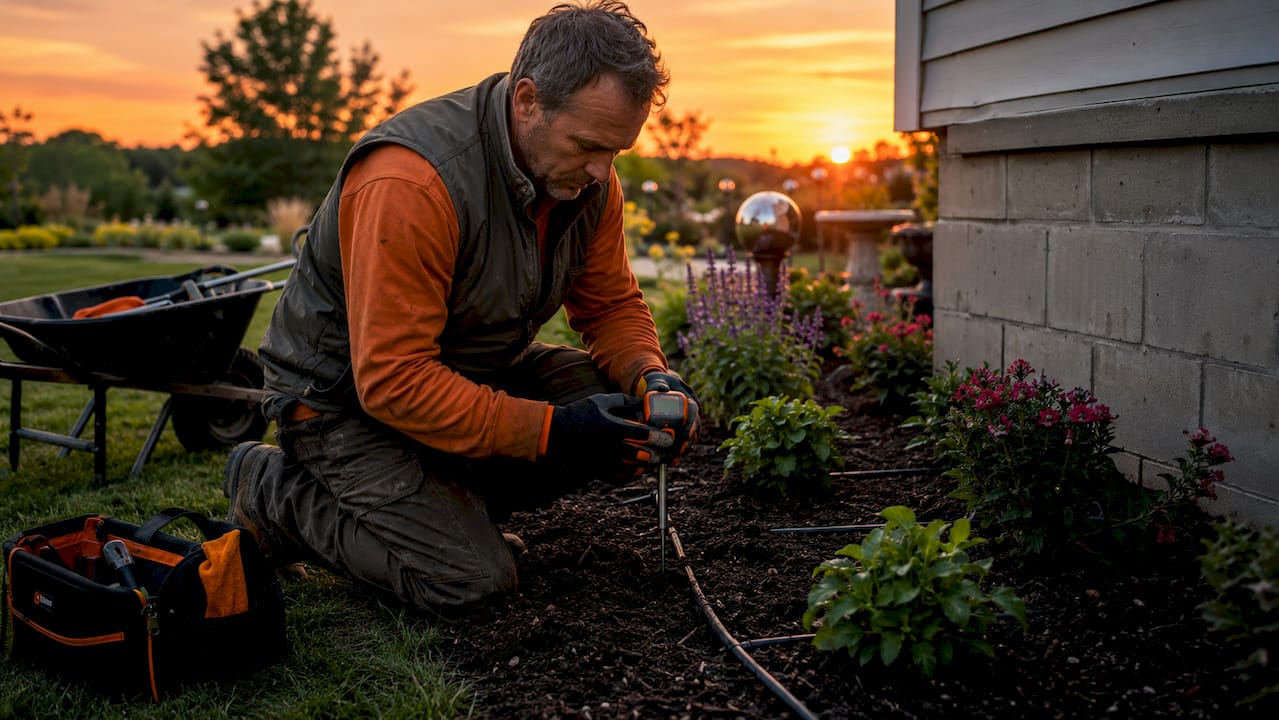Landscaper checking soil moisture near home foundation