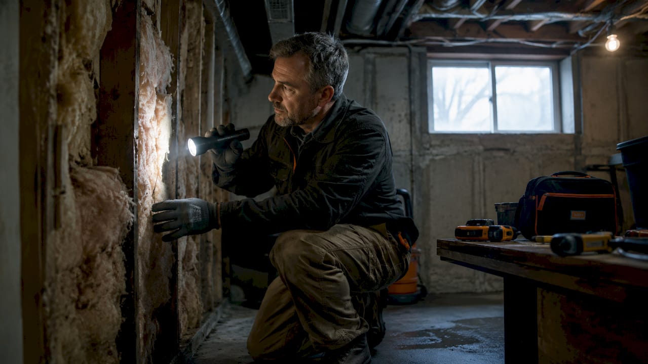 Man inspecting attic insulation in home