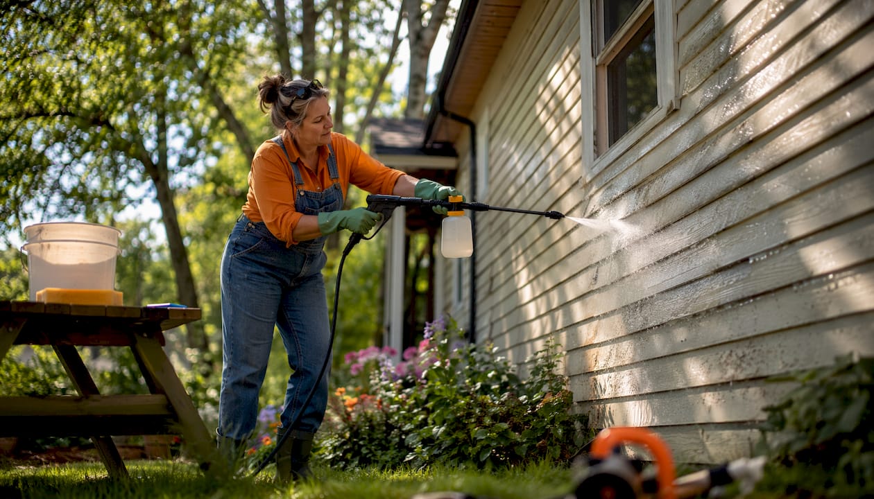 Homeowner soft washing vinyl siding outdoors