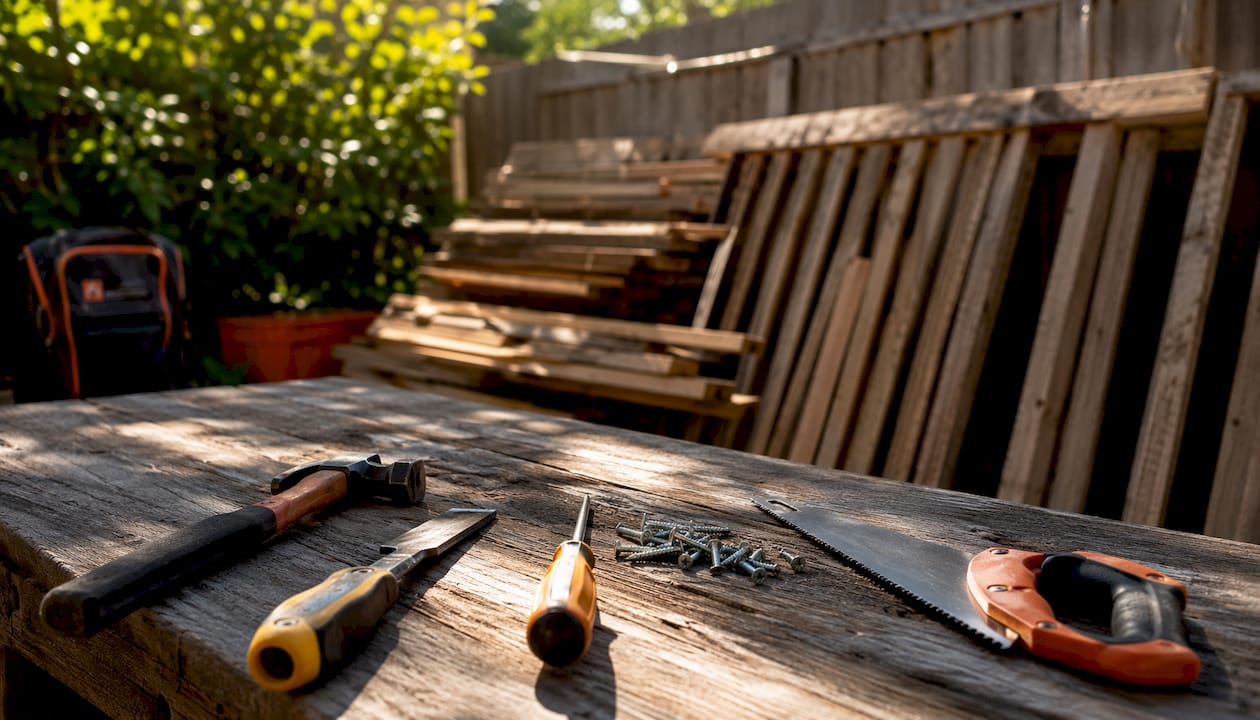 Essential deck repair tools on workbench outdoors