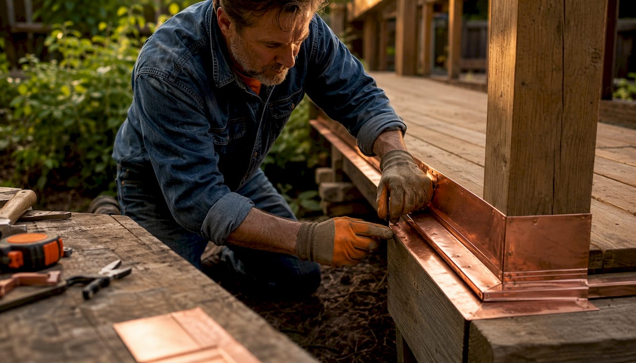 Craftsman installing copper flashing on deck