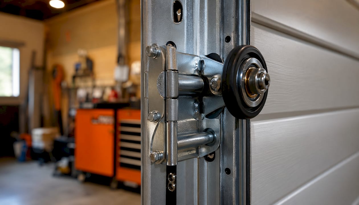 Close-up of lubricated garage door hinge and roller