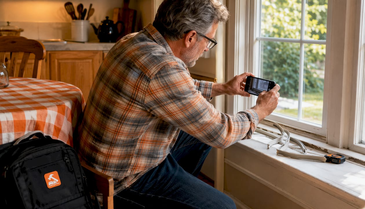 Man photographing drafty window seal