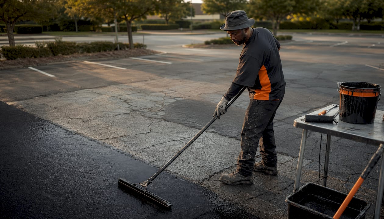 Worker applying sealcoat on asphalt driveway