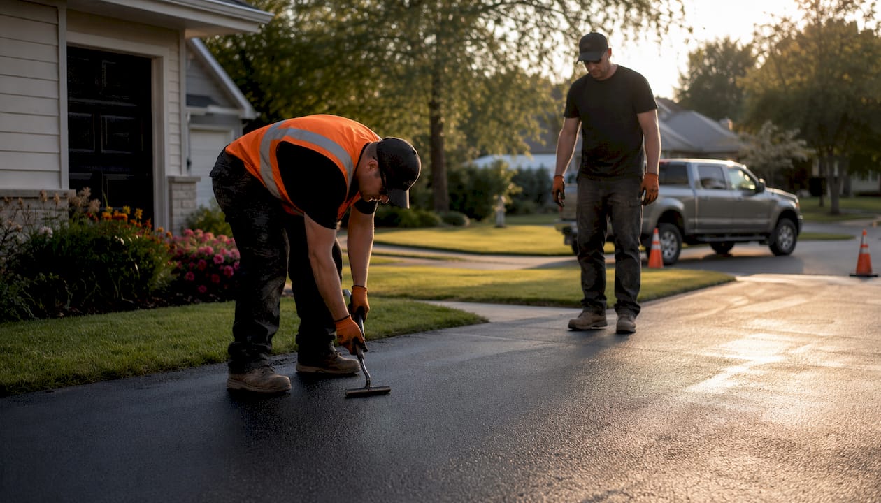 Contractors working on driveway sealing