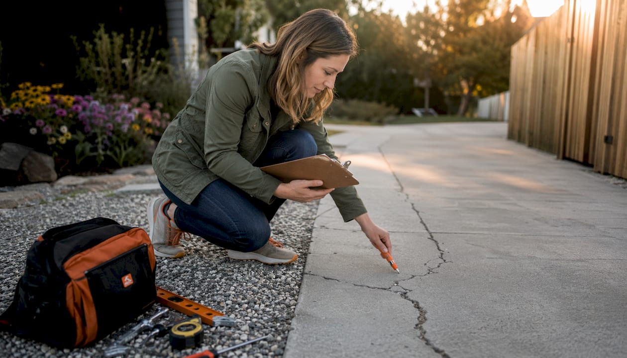 Woman inspecting driveway cracks outdoors