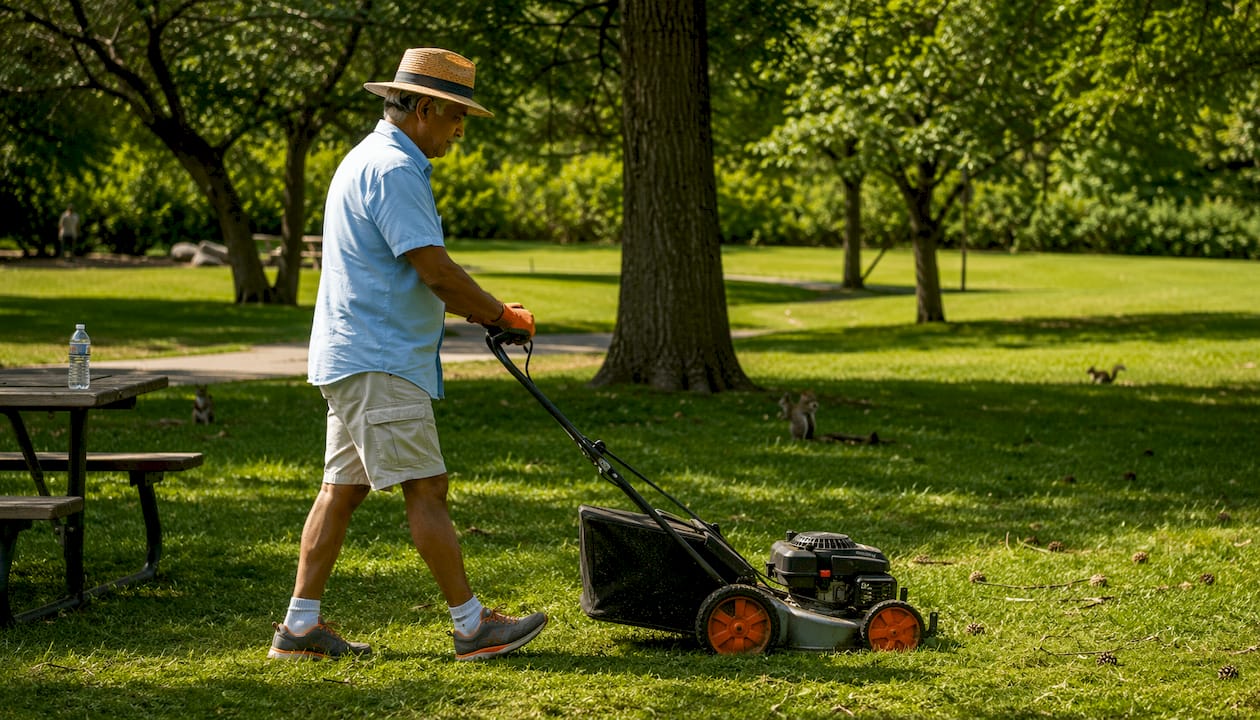Man mowing green lawn in backyard overhead shot