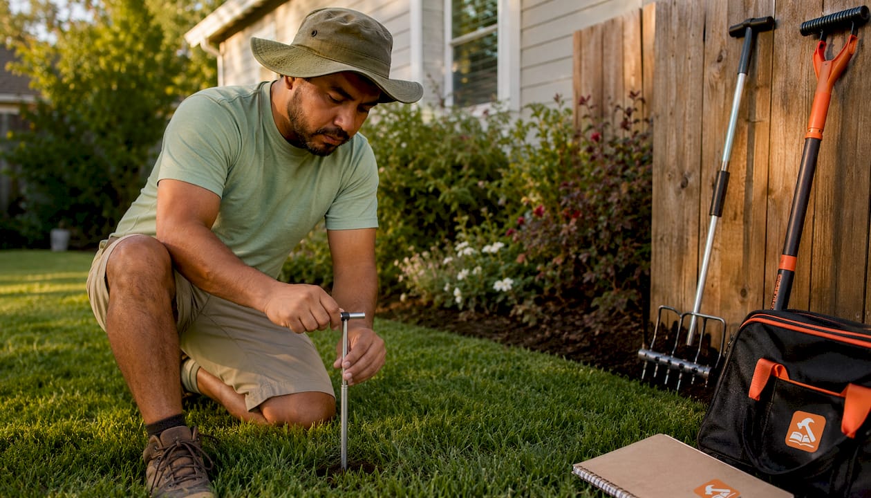 Landscaper testing soil compaction in lawn shade
