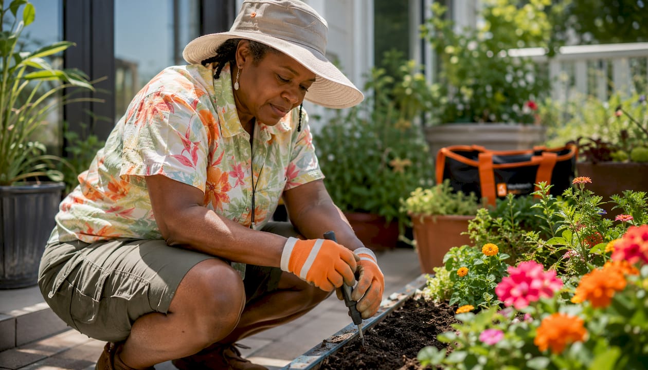 Woman collecting lawn soil sample outdoors
