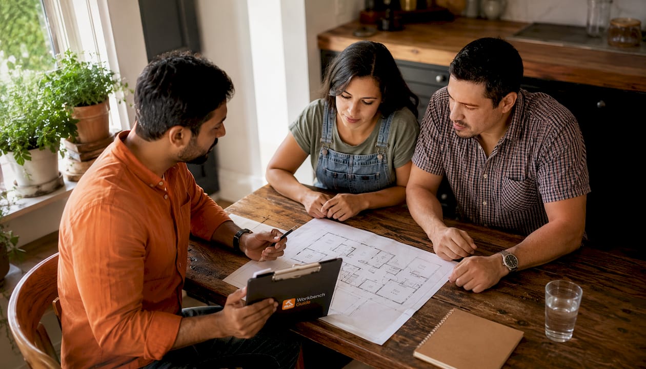 Homeowners discussing plans with contractor outdoors