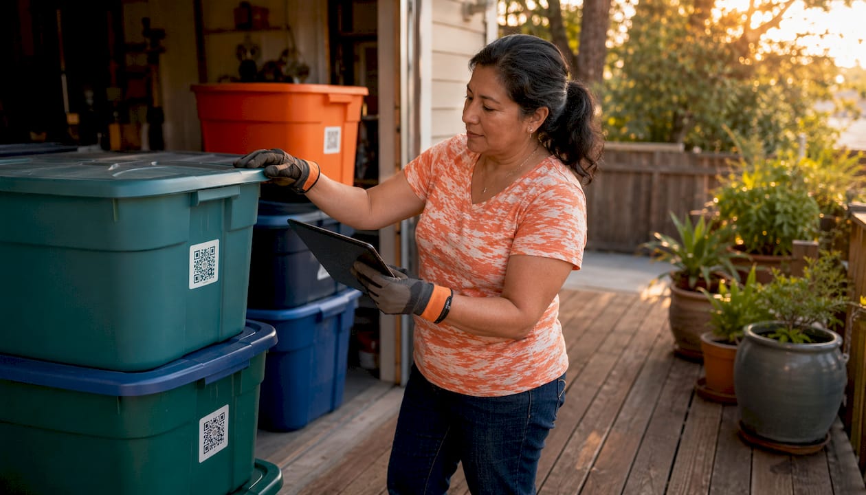 Woman scanning QR code on garage storage bin