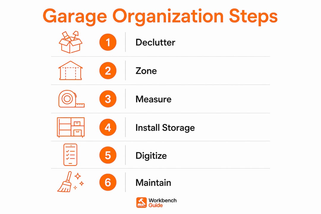 Infographic showing garage organization step-by-step process
