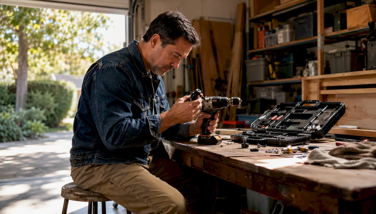Man assembling power drill for home repair