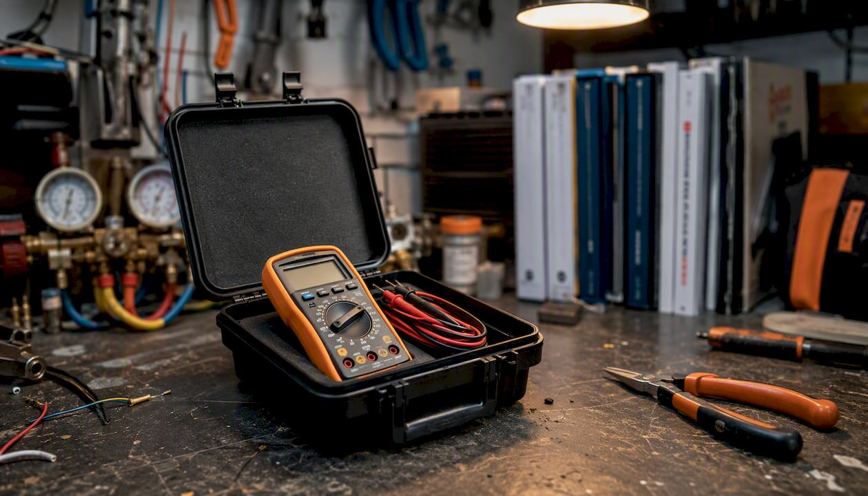 Close-up of multimeter neatly stored in protective case