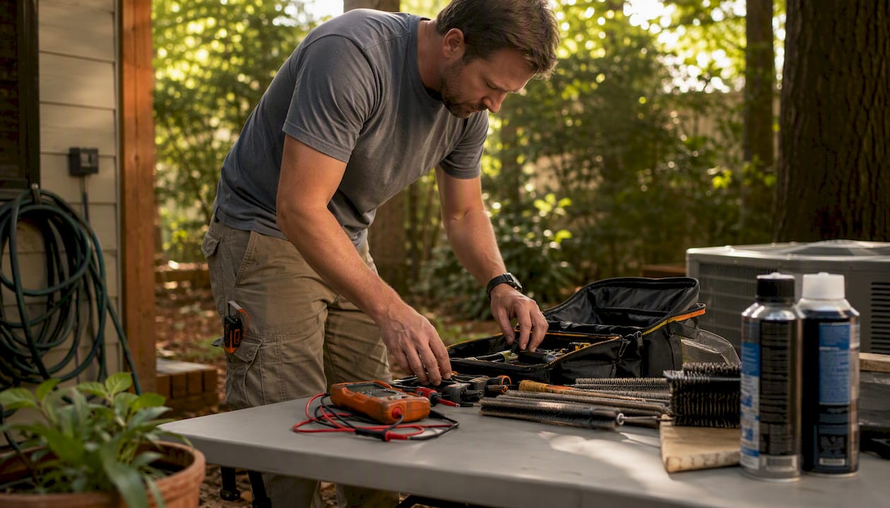 Homeowner organizing HVAC maintenance tools on workbench