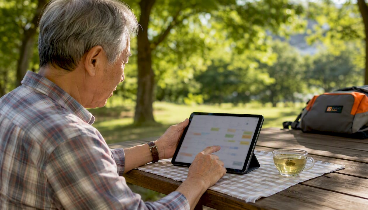 Hands navigating digital maintenance calendar on tablet