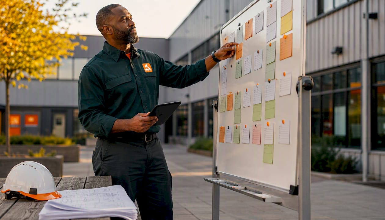 Facility manager organizing maintenance schedule board