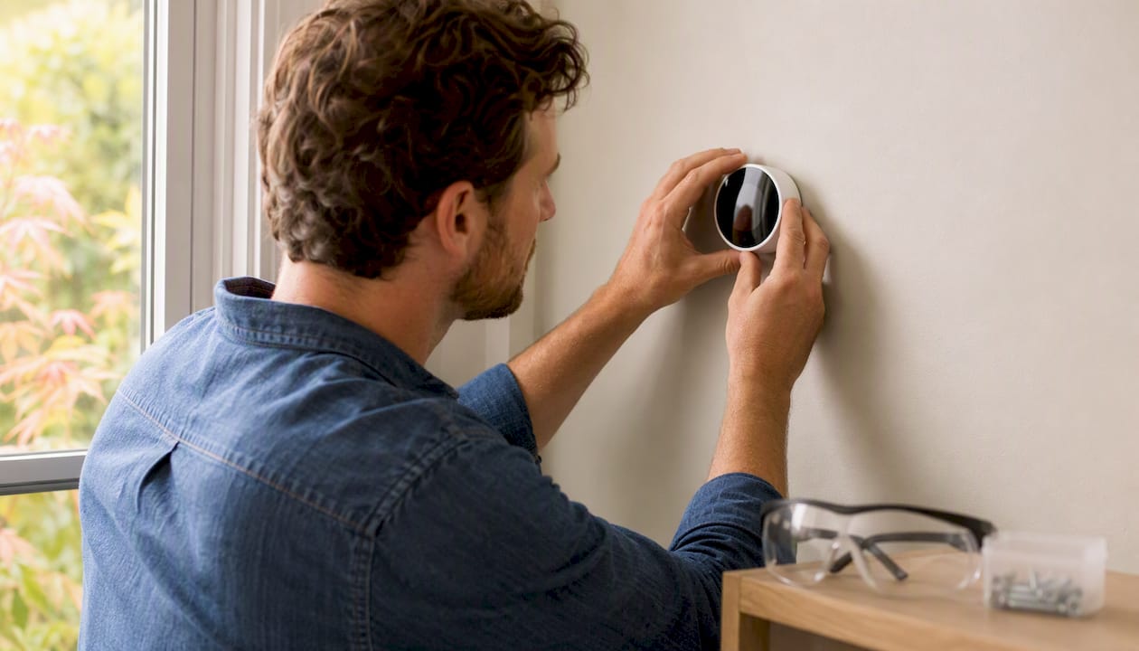 Hands installing smart thermostat on wall