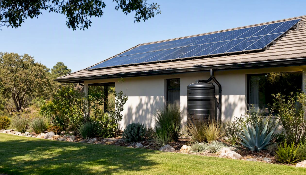 House roof with solar panels and rainwater barrel