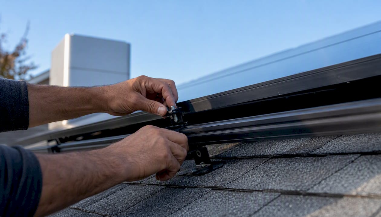 Hands installing solar panels on roof